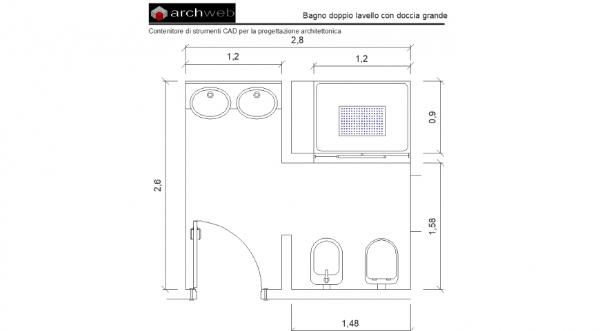 The top view bathroom plan with a detailing dwg file.