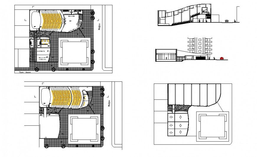 Theater building block detail 2d view elevation, plan and section layout file in autocad format