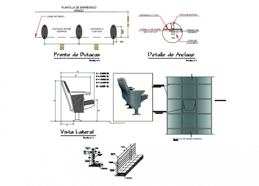 Theater chair elevation and glass railing block detail CAD block autocad file