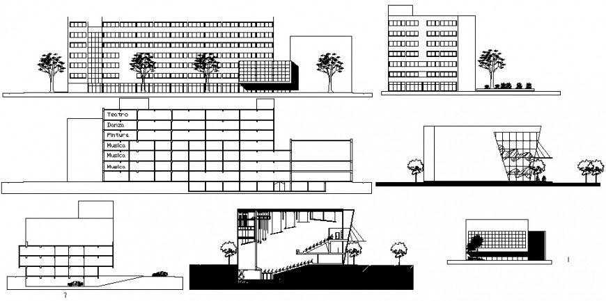 Theater school all sided elevation and section drawing details dwg file