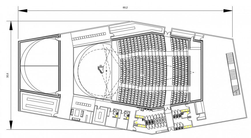 Theater screen distribution plan with furniture drawing details dwg file
