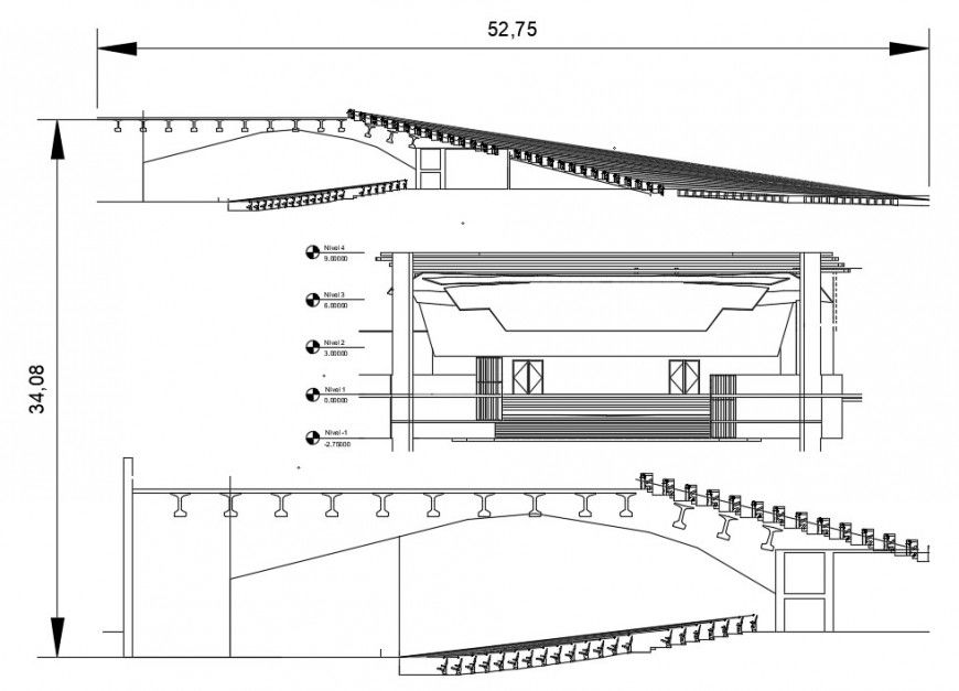 Theater screen section, plan and furniture drawing details dwg file