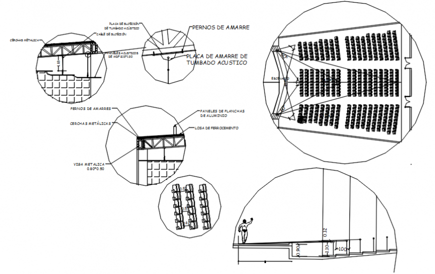 Theater screening layout plan and structure details dwg file
