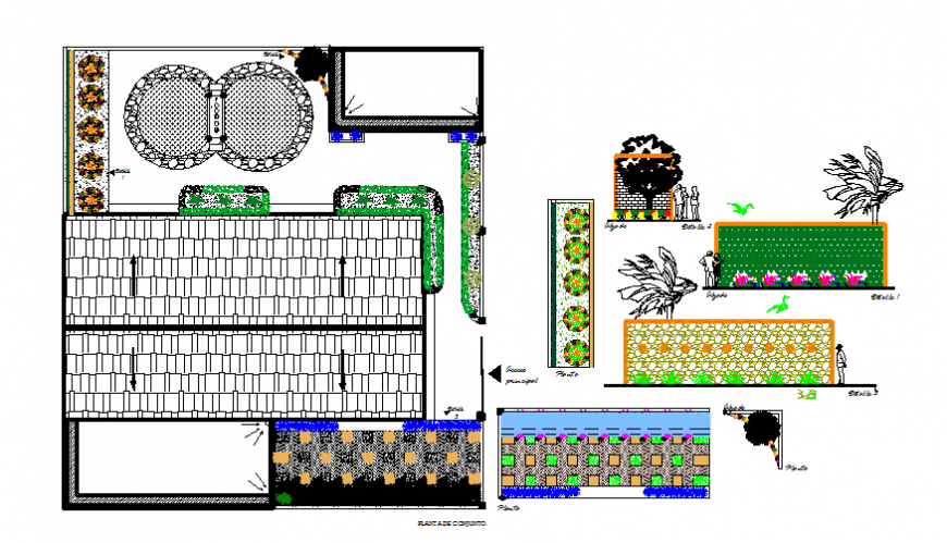 Theme garden landscaping structure and automation details dwg file