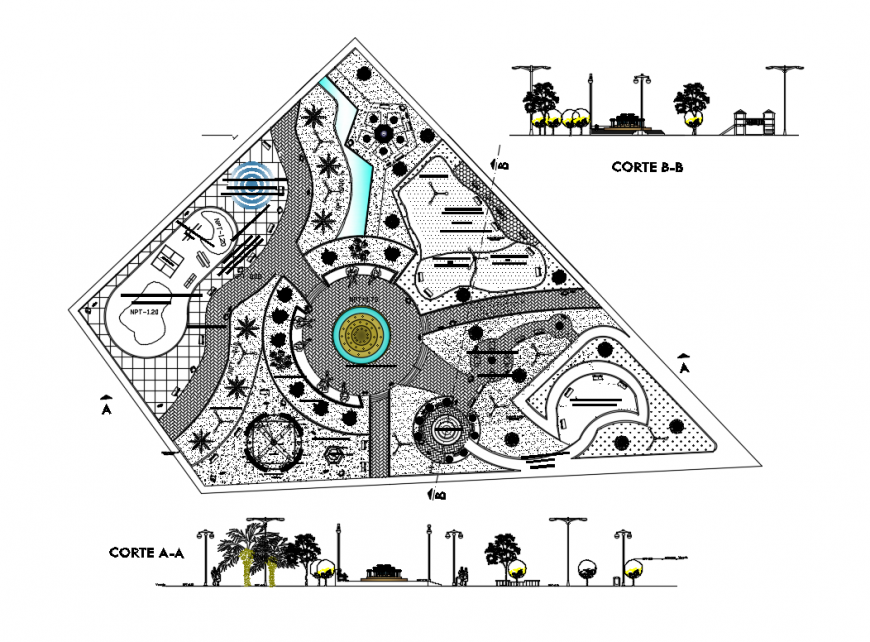 Theme park garden gate section and landscaping structure cad drawing details dwg file