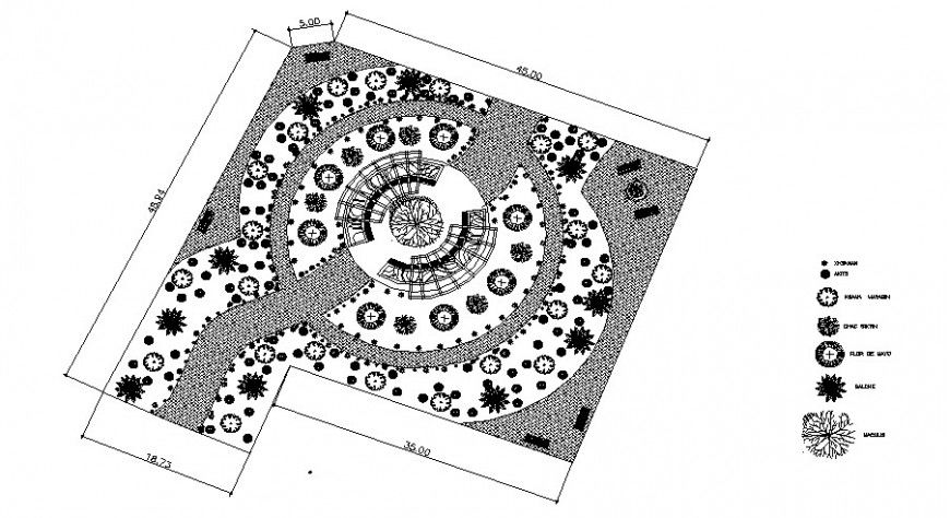 Theme park landscaping structure and tree blocks details dwg file
