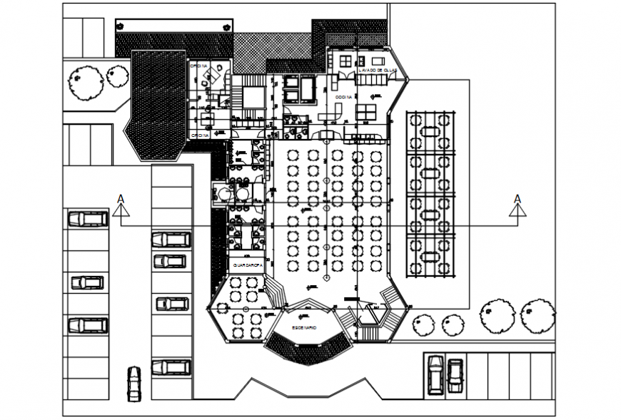 Theme restaurant distribution plan with furniture drawing details dwg file
