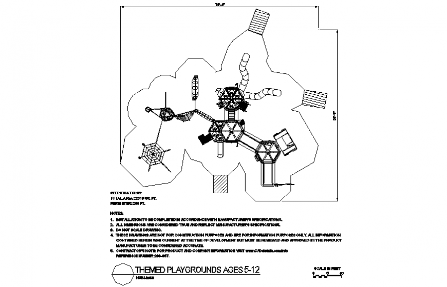 Themed playground design view with an area of playing area dwg file