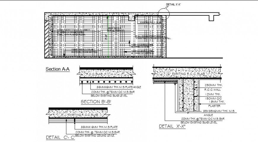 Thick wall all sided section and constructive structure cad drawing details dwg file