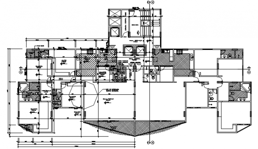 Third floor distribution plan details of apartment building dwg file