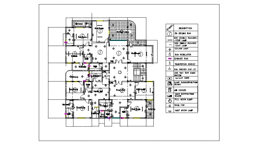 Third floor Electrical installation plan design of Apartment house design drawing