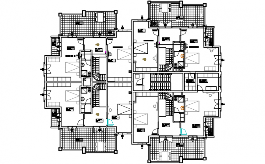 Third floor plan drawing details with sanitary of apartment villa dwg file