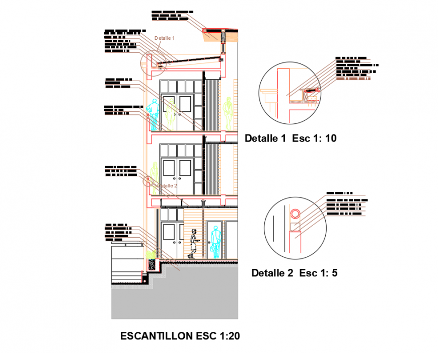 Three-flooring house building facade sectional details dwg file