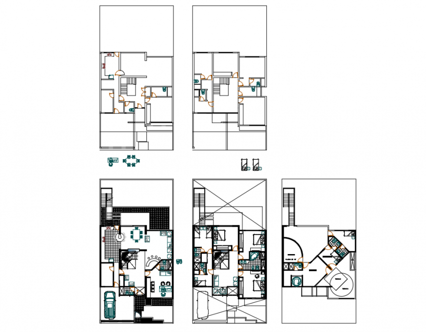 Three-level house floor plan cad drawing details dwg file