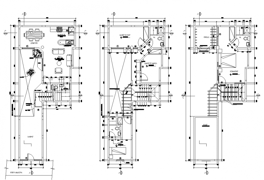 Three-story apartment detail 2d view layout plan in autocad format