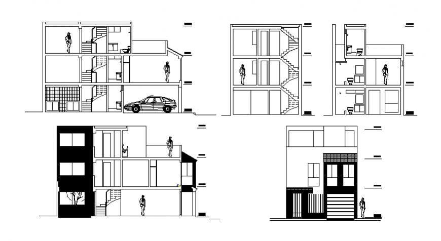 Three-story house all sided elevation and section details dwg file