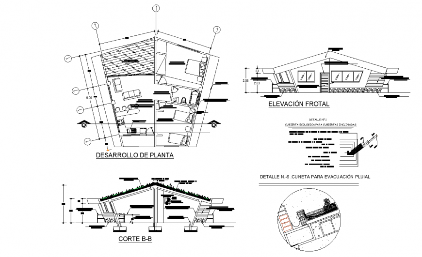 Three bedroom house elevation, section and plan cad drawing details dwg file