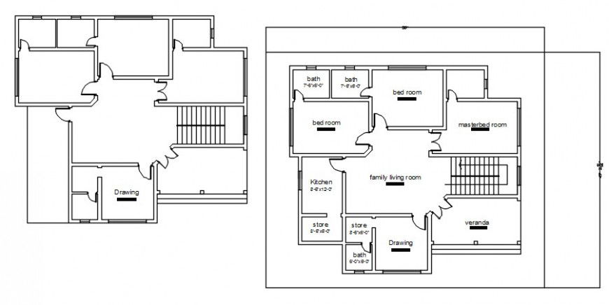 Three bedroom house layout plan 2d drawing details dwg file