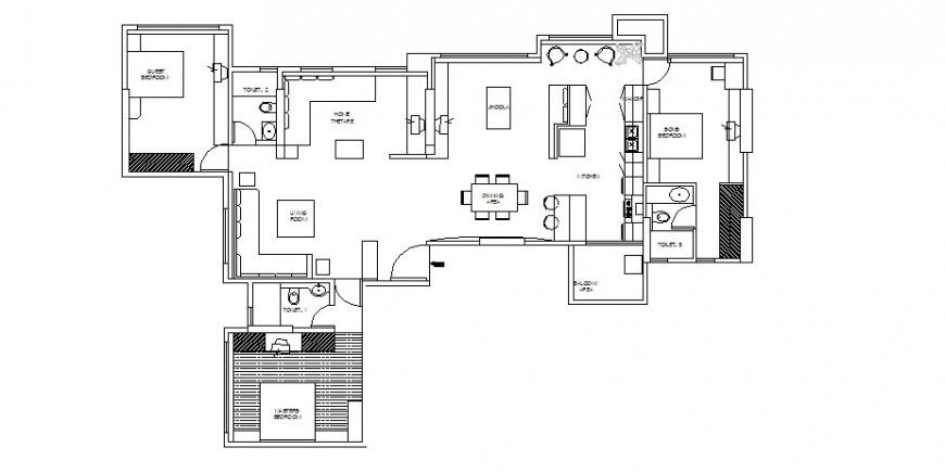 Three bedroom house layout plan auto-cad drawing details dwg file