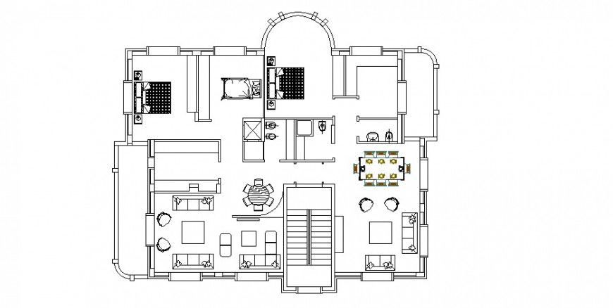 Three bedroom house layout plan with furniture cad drawing details dwg file