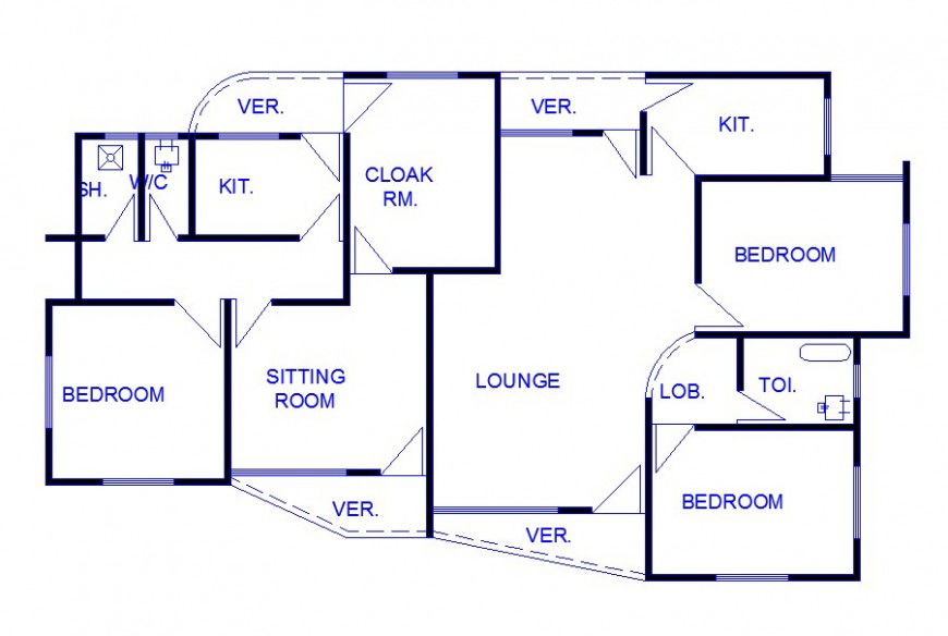 Three bedroom residential house architecture layout plan cad drawing details dwg file