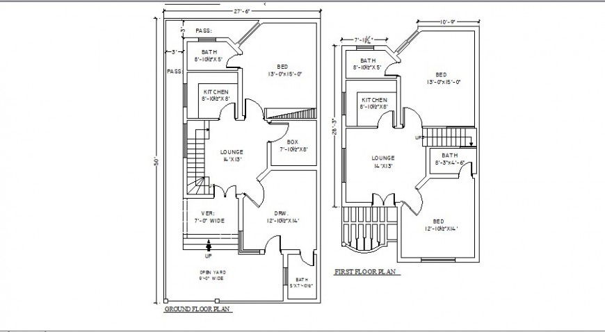 Three bedroom two-level house floor plan cad drawing details dwg file