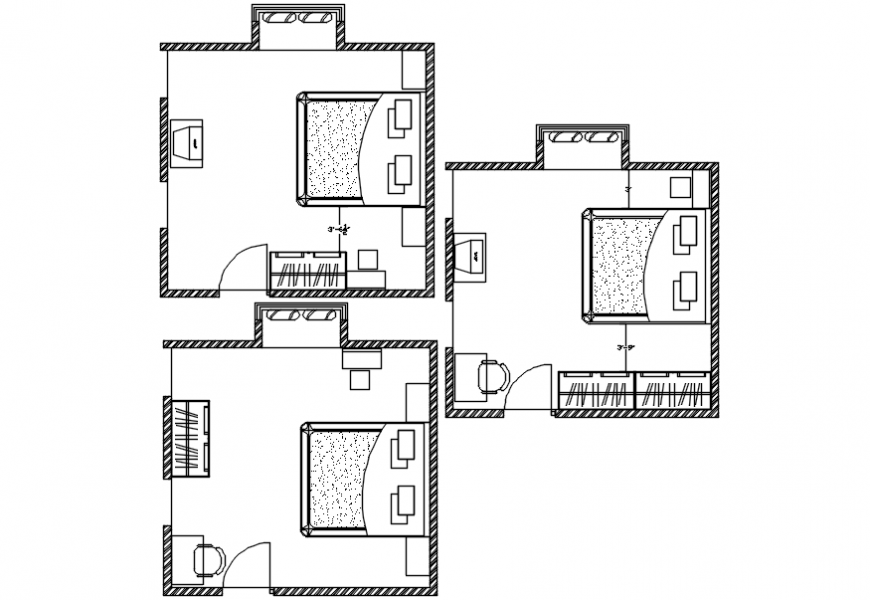 Three bedrooms layout plan with furniture cad drawing details dwg file