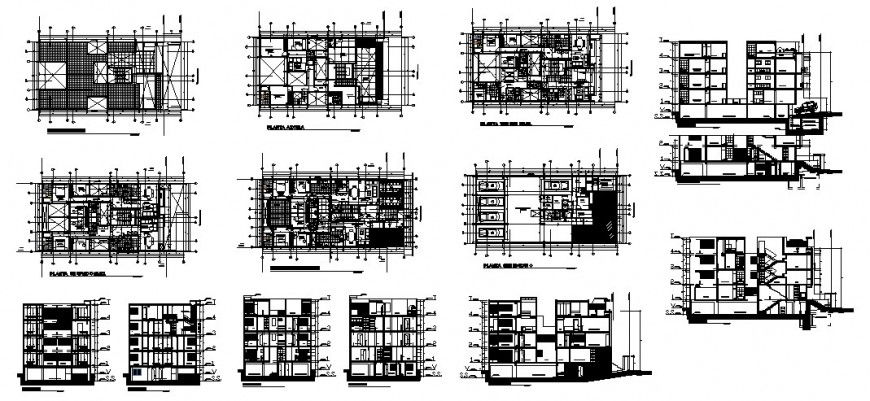 Three bhk residential apartment building elevation, section, floor plan and cad drawing details dwg file