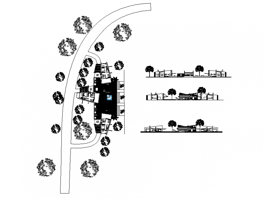 Three bungalows group elevation, section and layout plan cad drawing details dwg file