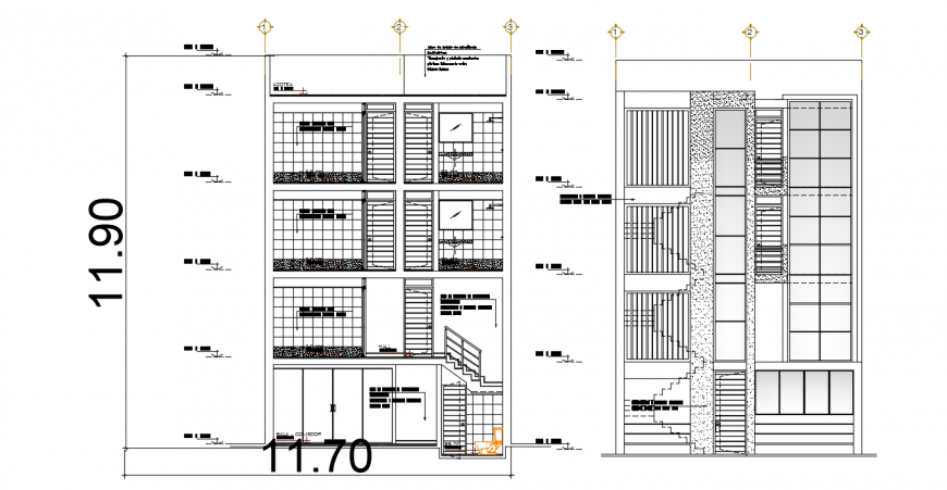Three floor apartment building front and back section drawing details dwg file