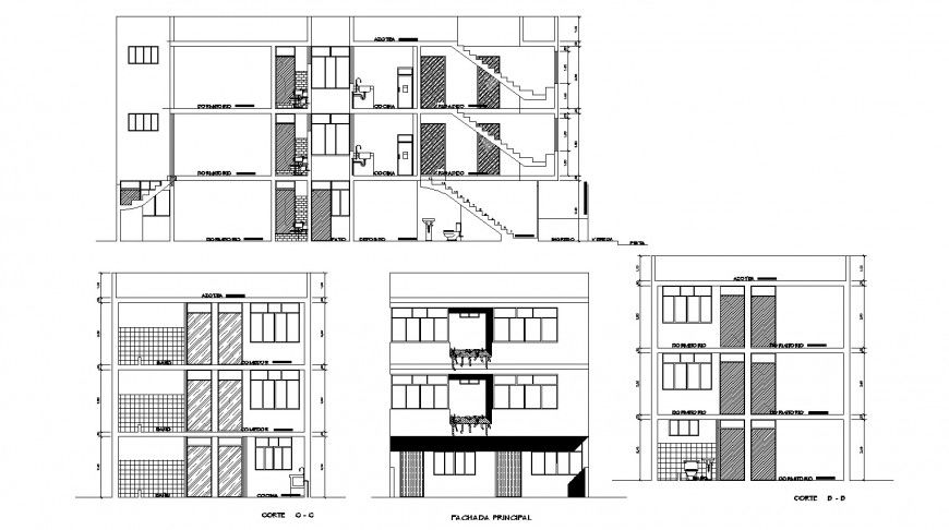 Three floor apartment elevation drawing in dwg AutoCAD file.
