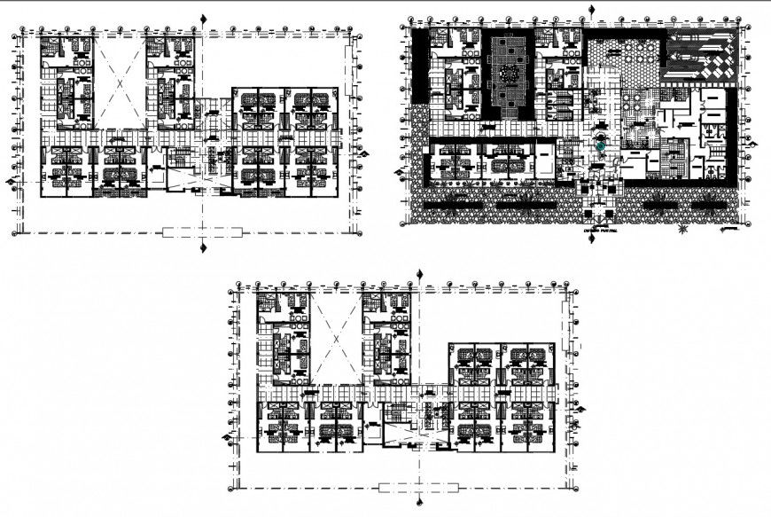 Three floor distribution layout plan details of star guest house dwg file