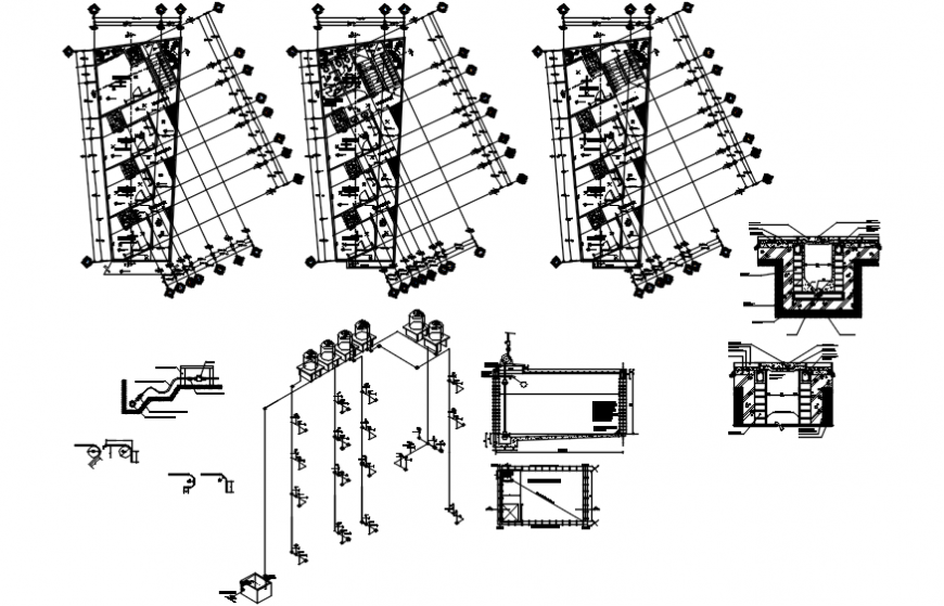 Three floor distribution plan and hydraulic water system details of apartment building dwg file