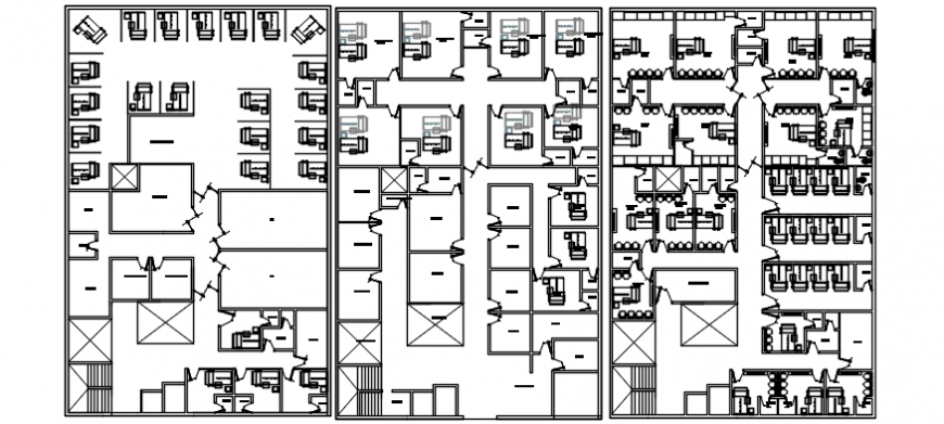 Three floor distribution plan details of admin corporate building dwg file