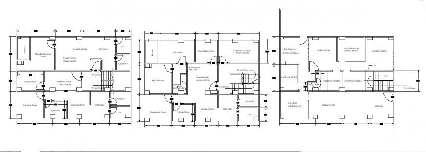Three floor distribution plan details of apartment building dwg file