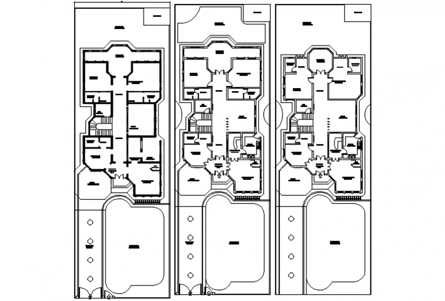 Three floor distribution plan details of luxuries house dwg file