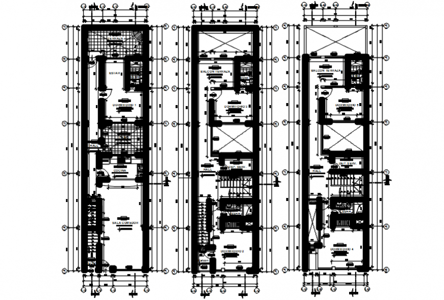 Three floor distribution with furniture layout cad drawing details dwg file