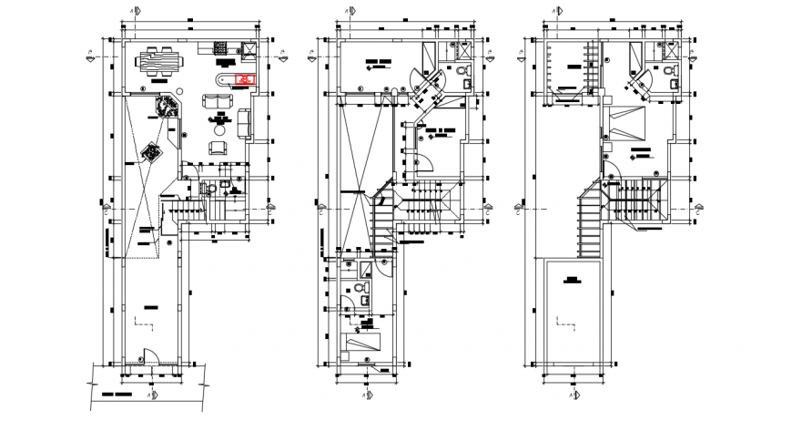 Three floor distribution with furniture layout for residential house dwg file