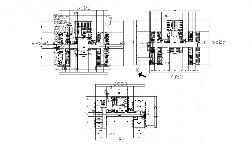 Three floor layout plan details of three story school dwg file