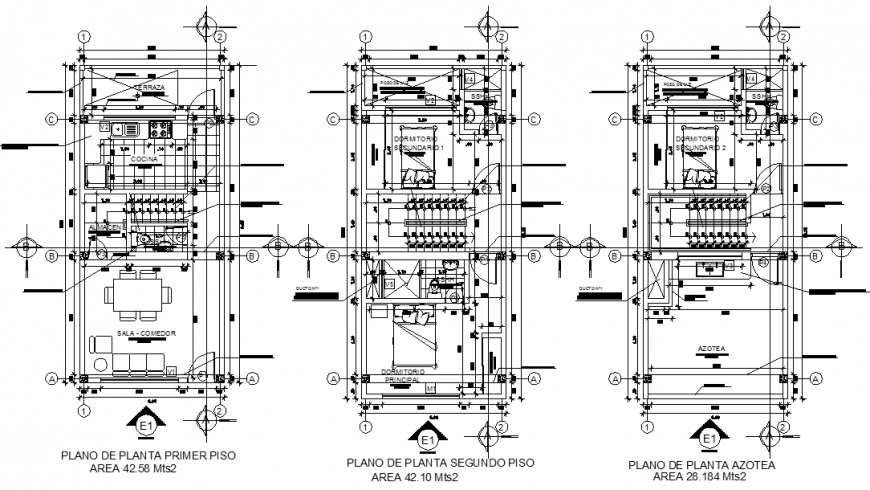 Three floor plan of house in dwg file.