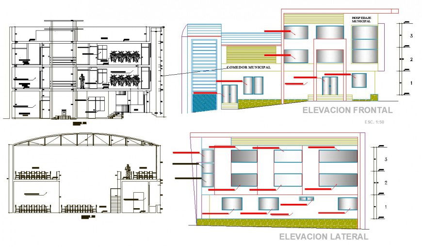 Three floor restaurant elevation drawing in dwg AutoCAD file.