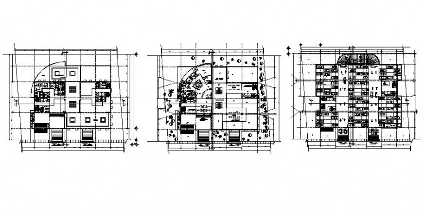Three floors distribution plan drawing details of administration building dwg file