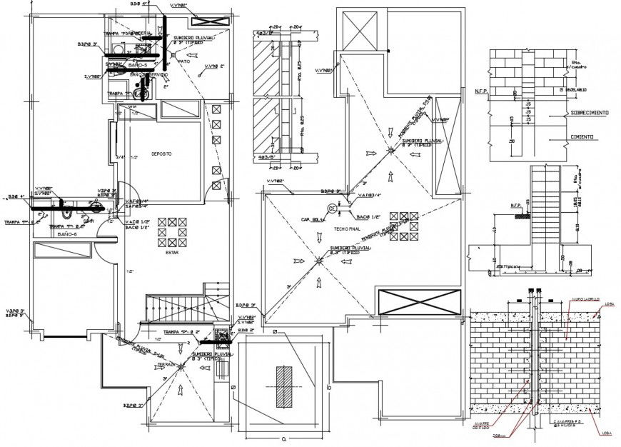 Three floors of house sanitary installation and bathroom construction details dwg file