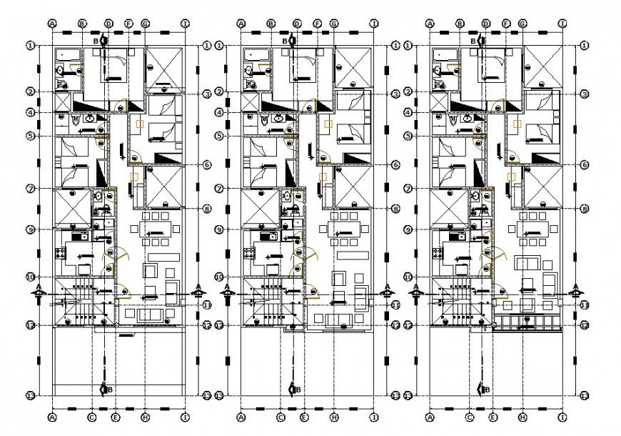 Three houses distribution plan details of apartment building with furniture drawing details dwg file
