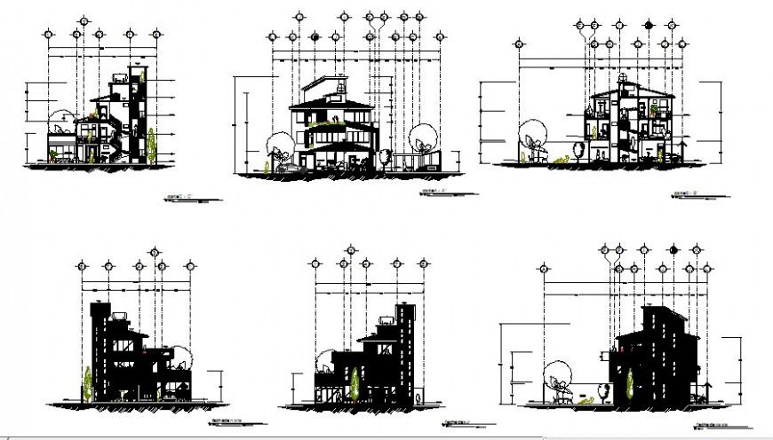 Three level house building all sided elevation and section details dwg file