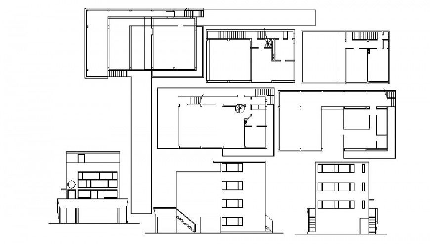 Three level house building all sided elevation and structure drawing details dwg file
