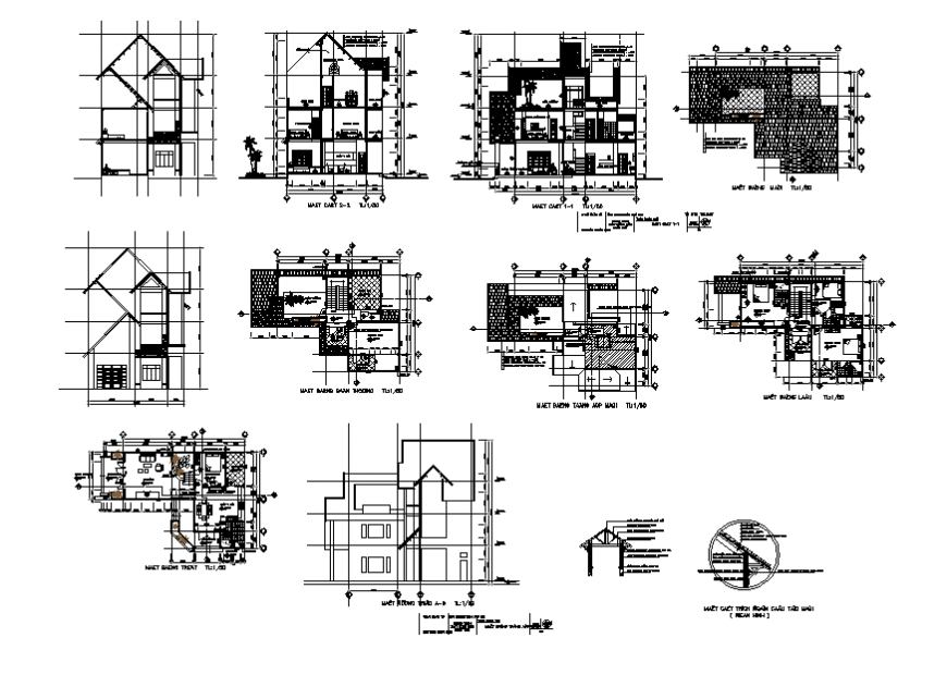 Three level house elevation, section, floor plan and auto-cad detail dwg file