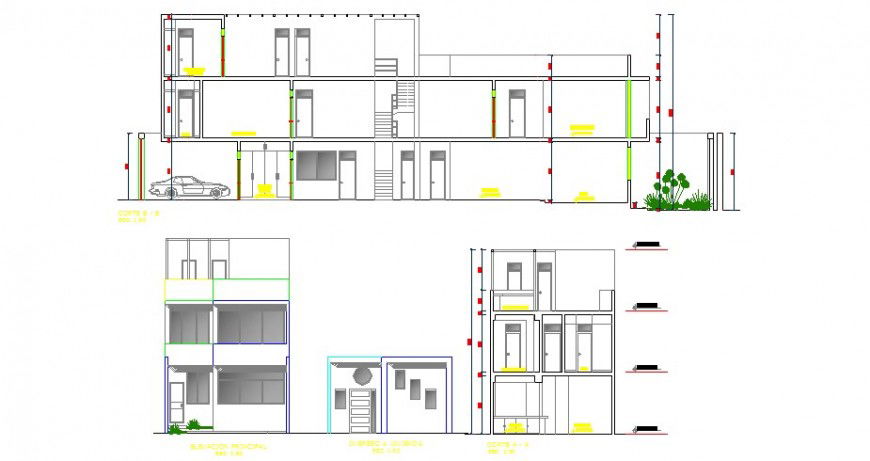 Three level house elevation and section auto-cad drawing details dwg file