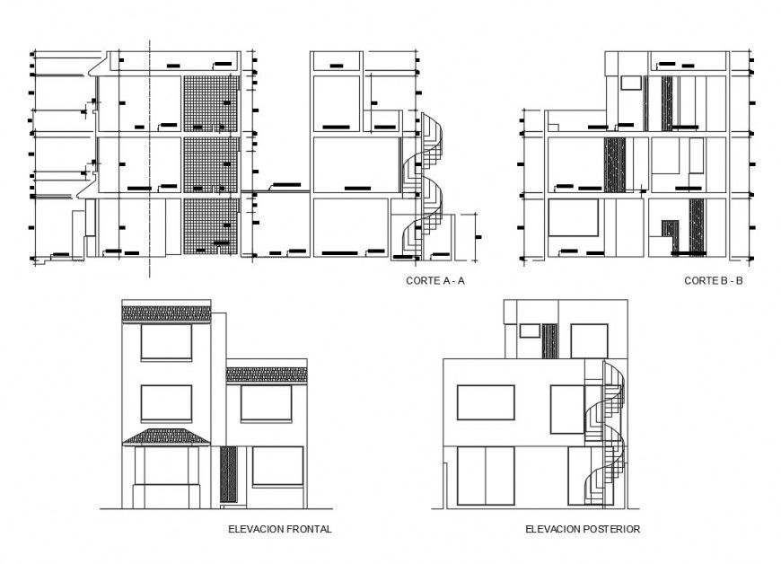 Three level house elevation and section cad drawing details dwg file