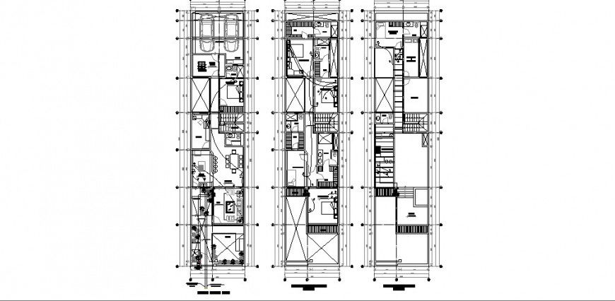 Three level house floor plan distribution auto-cad drawing details dwg file
